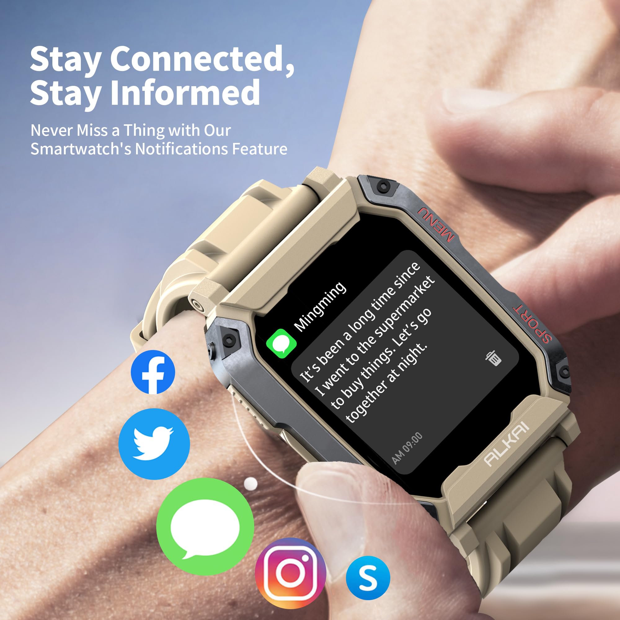 ALKAI Smart Watch Rugged and Military with 5ATM Waterproof Bluetooth Call(Answer/Dial Calls) AI Assistant, Long-Lasting Battery Life, Multiple Sports Tracking, Health Monitoring, 2.02'' HD Display