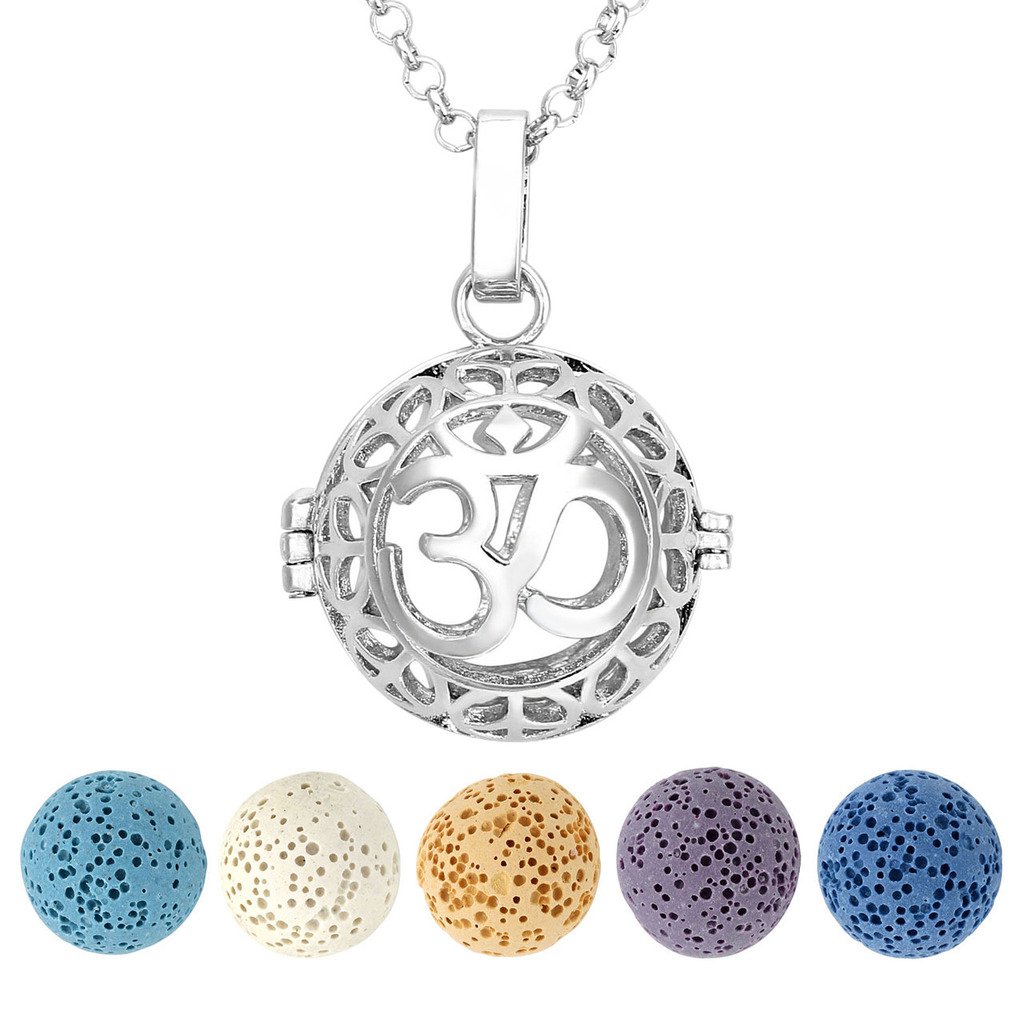 Top Plaza Aromatherapy Essential Oil Diffuser Necklace Silver 7 Chakras Locket Pendant With 5 Dyed Lava Stones(OM Symbol)