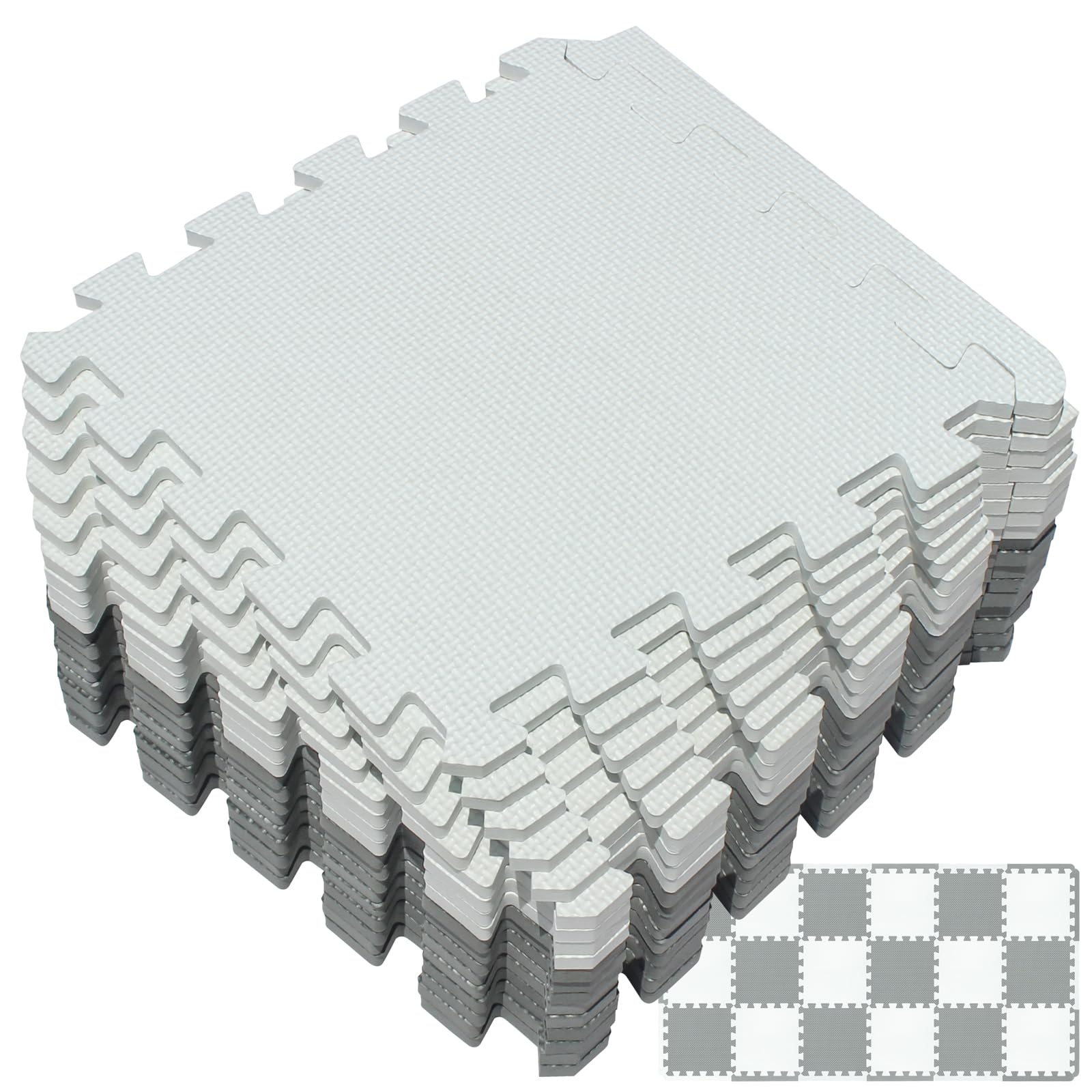 18 Tiles Interlocking Puzzle Foam Baby Play Mat with Straight Edges for Playing - EVA Babies Crawling Mat | Rubber Floor Work Out Mats for Home Gym. White, Gray. YOC-ALb18S18