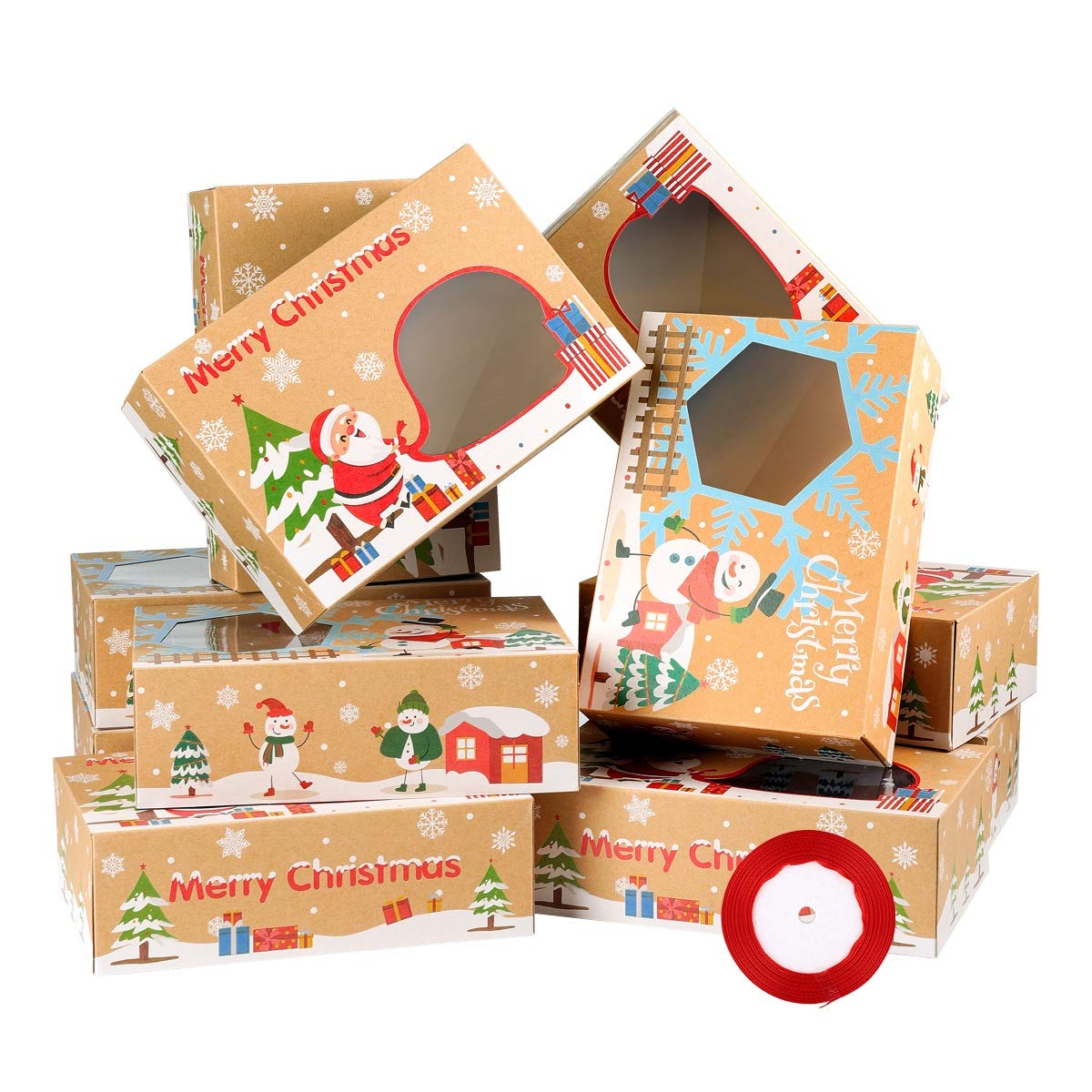 16 Pcs Christmas Cookie Boxes With Clear Window - Xmas Kraft Paper Food Bakery Treat Boxes for Cake Cupcake Cookie Candy Biscuit - Includes 22 m Ribbons for Christmas Party Supplies and Gift Giving