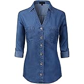MixMatchy Women's Casual Basic Roll Up Sleeve Denim Chambray V-Neck Tencel Button Down Shirt