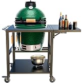 Heavy-Duty Grill Table Cart for Large Big Green Egg, Metal Green Egg Stand | w/ 3&lsquo;&rsquo; Casters, Foldable Side Table, Hooks, Bottom Shelf, Outdoor BBQ Prep Station Big Green Egg Accessories
