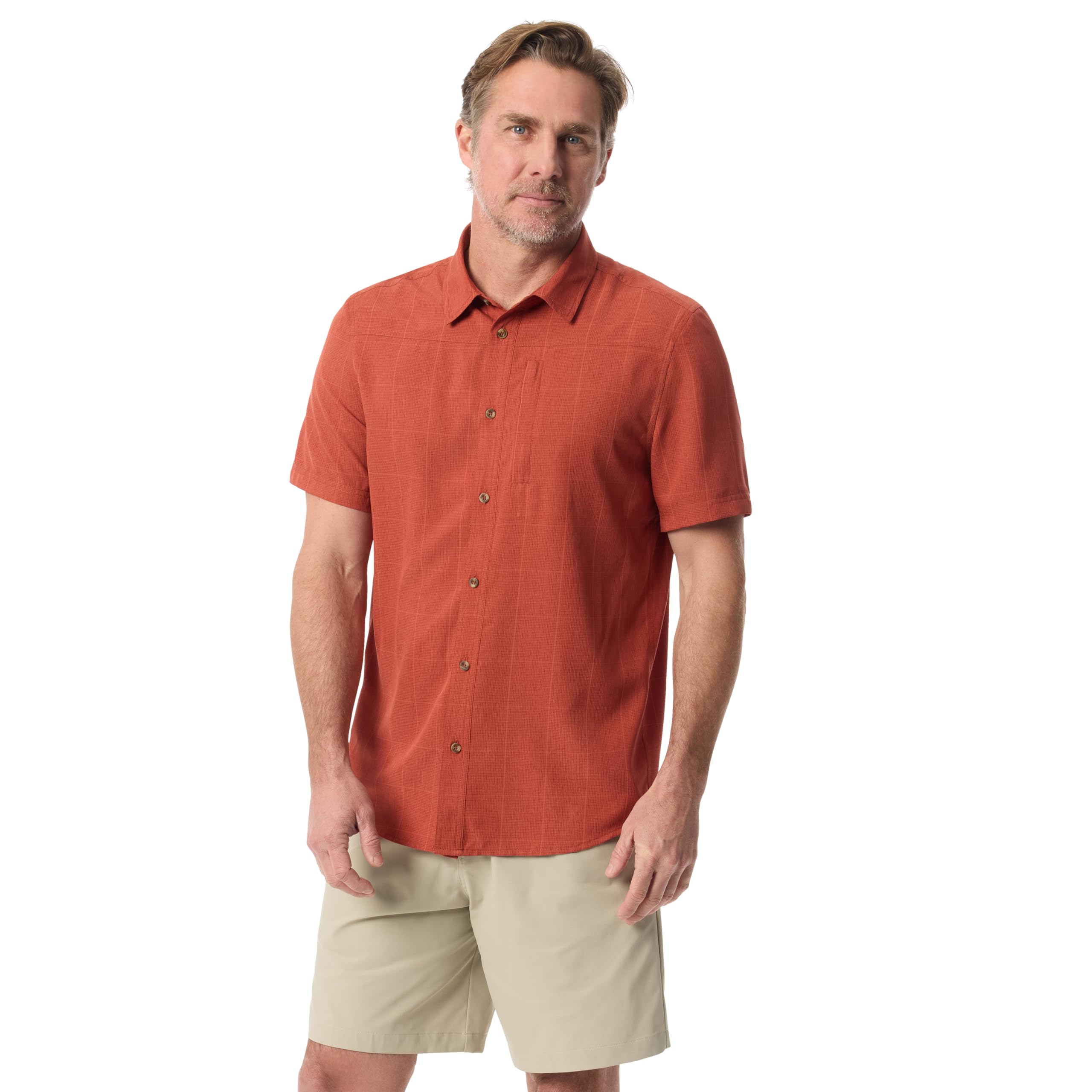 Photo 1 of BASS OUTDOOR Men's Short Sleeve UV Protection Cationic Button Up Shirt Standard, RED Ochre