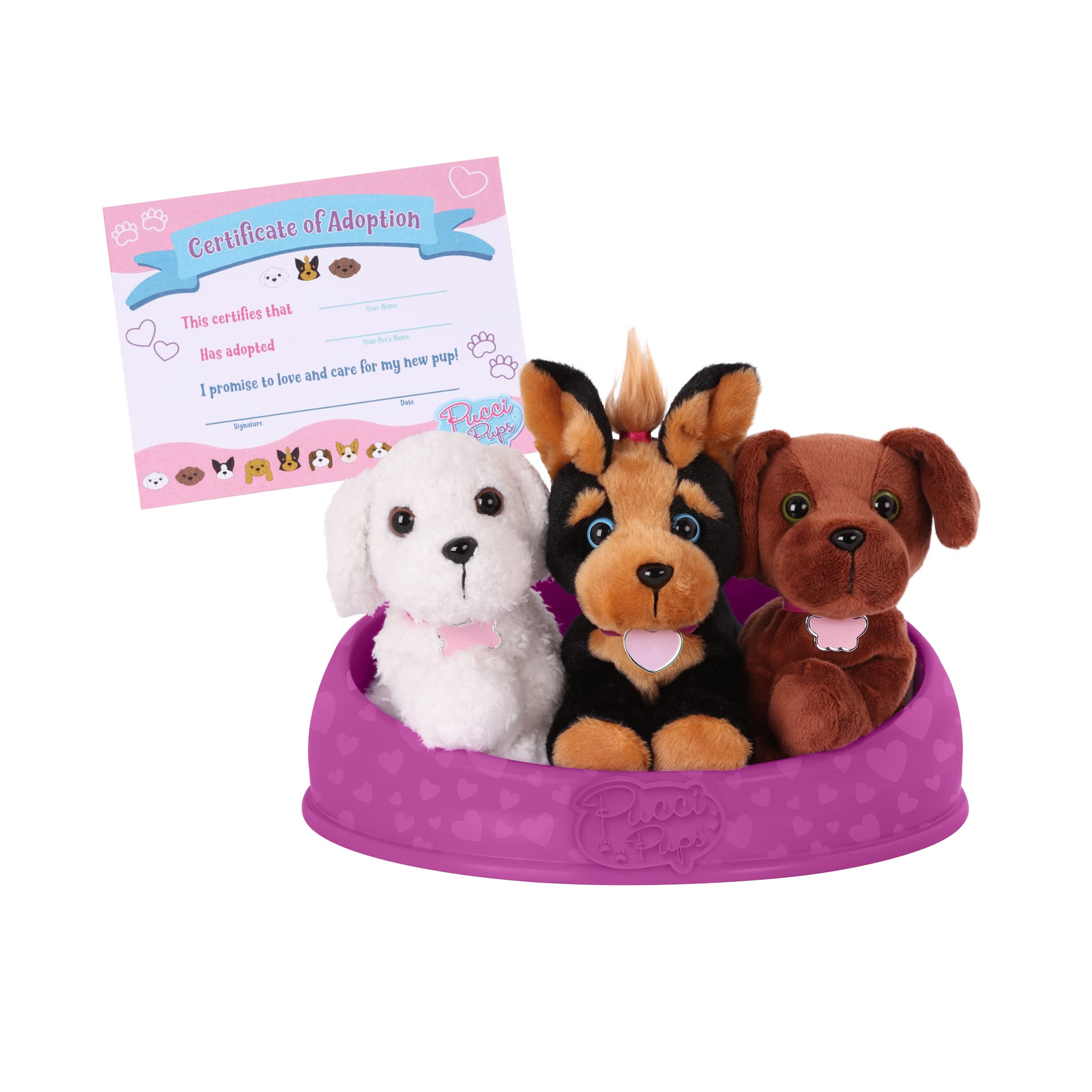 Pucci Pups – Adopt-a-Pup – Pug, Maltese, Schnauzer – Plush Toy Dogs with Dog Bed – Plush Dog for Kids 2+ Years
