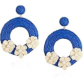 Chanaiqw Round Circle Statement Raffia Earrings Boho Rattan Dangle Lightweight Straw Wrap Summer Drop Dangling Earrings for Women