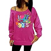 AMWIPE 90s Outfit for Women Sexy Off The Shoulder Sweatshirt I Love The 90's Shirt Oversized Long Sleeve Pullover Top