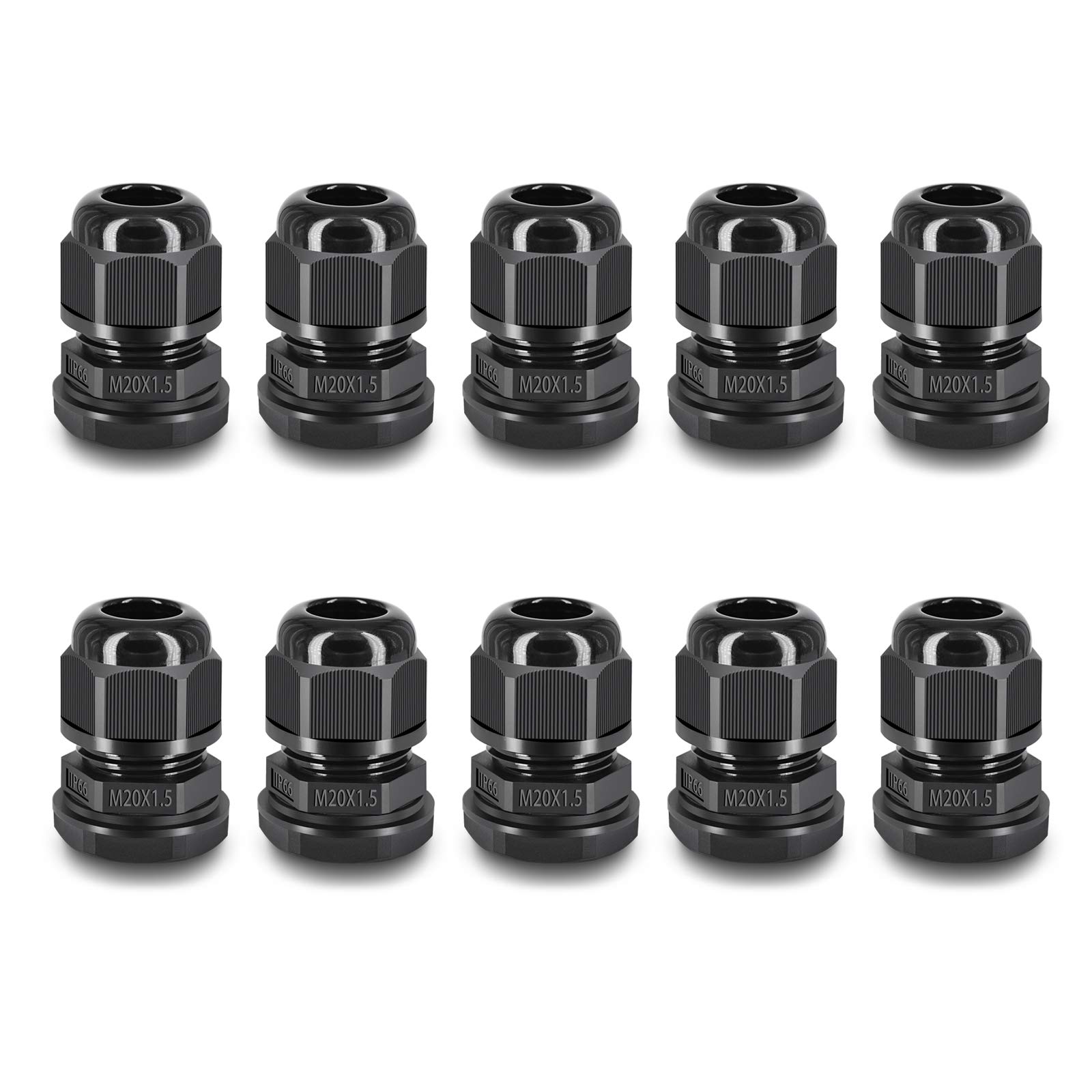 NineLeaf 10 Piece Waterproof Cable Glands Joints Adjustable 6-12mm Cable Connectors,M20x1.5 Black Compression Cable Glands Joints 20mm Diameter Titting Hole Glands, IP66 for Outdoor Use