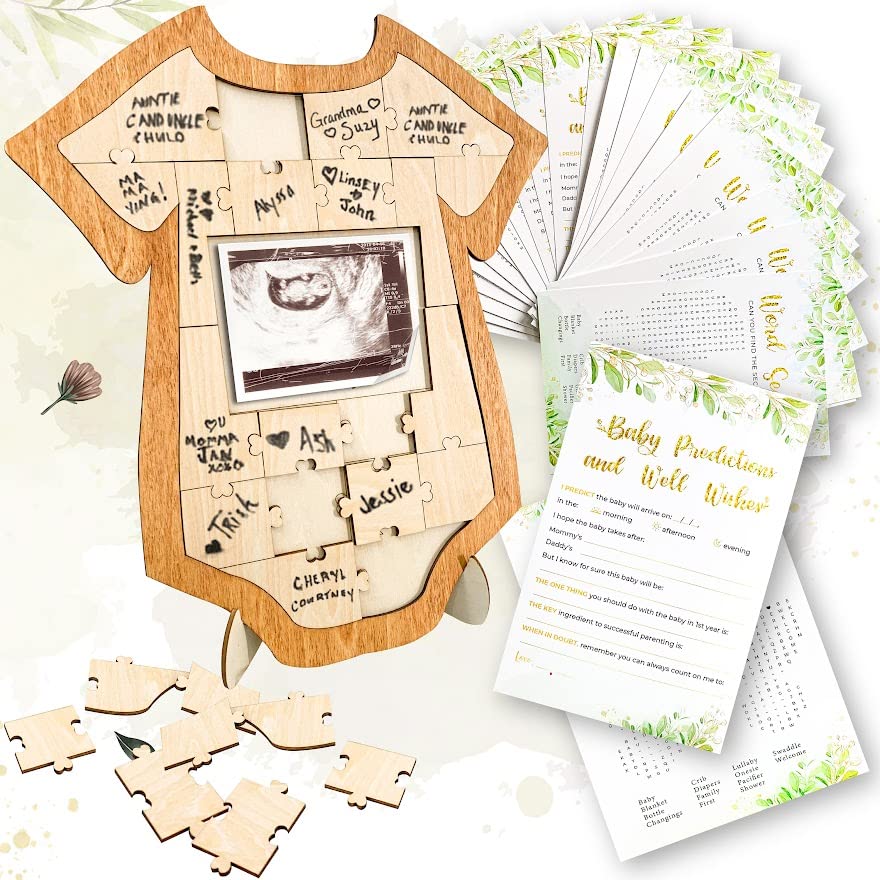 Baby Shower Guest Book Alternatives - Wood Onesie Frame & 25 Prediction Game Cards, Guest Book Baby Shower Sign in Picture, Signature Sonogram Keepsake Photo Frame, Baby Shower Decorations