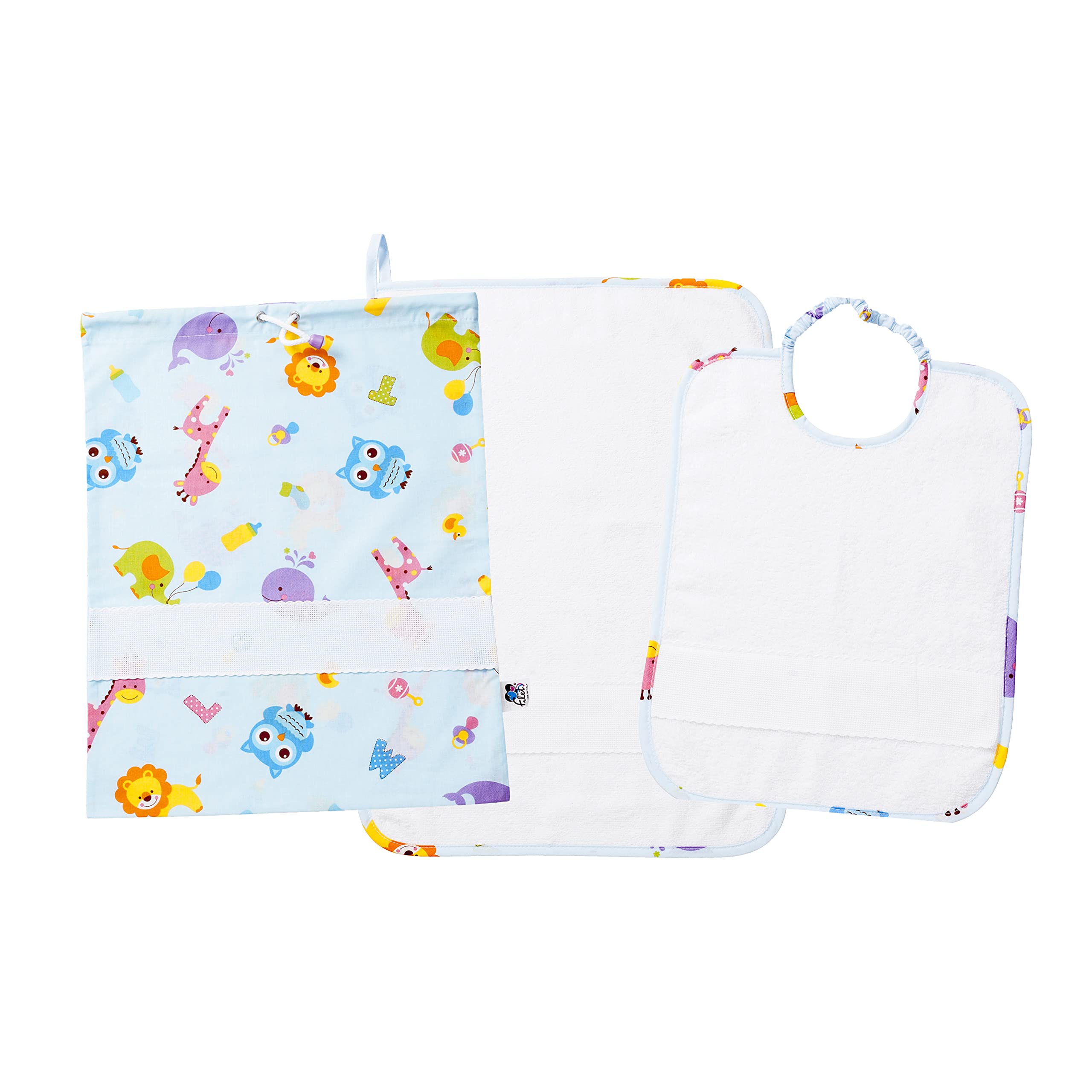 FILET - Nursery Set Three-Piece Aida Canvas Embroidery, Consisting of Bag, Towel and Bib in White Towelling, 100% Cotton, Made in Italy, Letters and Animals Pattern, Light Blue Pattern