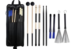 TUOREN Drumstick Bag with Floor Tom Hooks Includ 5 Pairs Drum Sticks Mallets Brushes Set Percussion Instrument Accessories for Beginners Drummer Practice Black