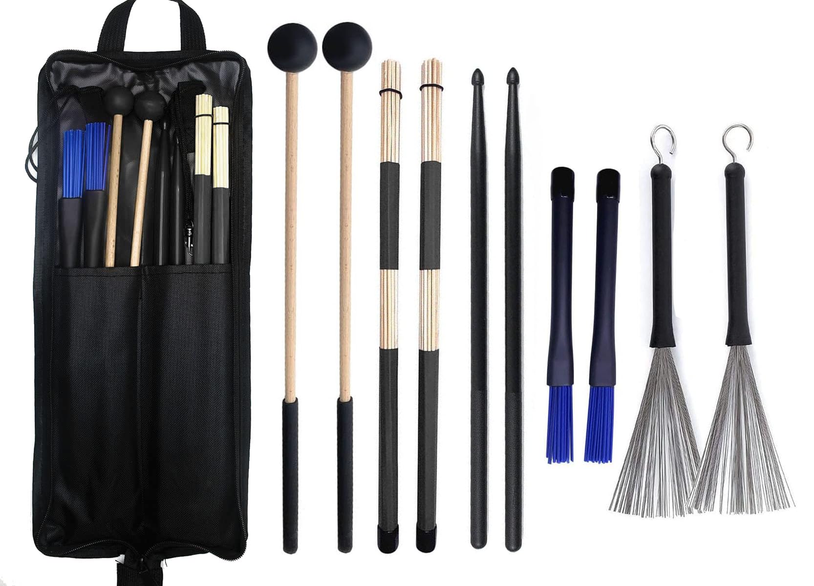 TUOREN Drumstick Bag with Floor Tom Hooks Includ 5 Pairs Drum Sticks Mallets Brushes Set Percussion Instrument Accessories for Kids Adults Drummer Practice Black