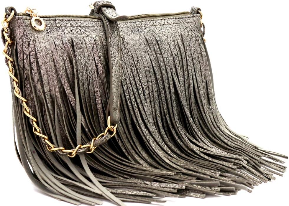 Front and Back Both Side Fringed Soft PU Leather Medium Long Cross Body Messenger Shoulder Bag