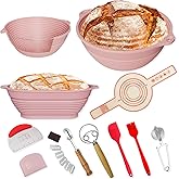 Silicone Bread Proofing Baskets for Sourdough,Banneton Basket Kit Includ 9 Inch Round & 10 Inch Oval Foldable Sourdough Proofing Basket,Bread Making Essential Tools, Easy to Clean and Storage (Pink)