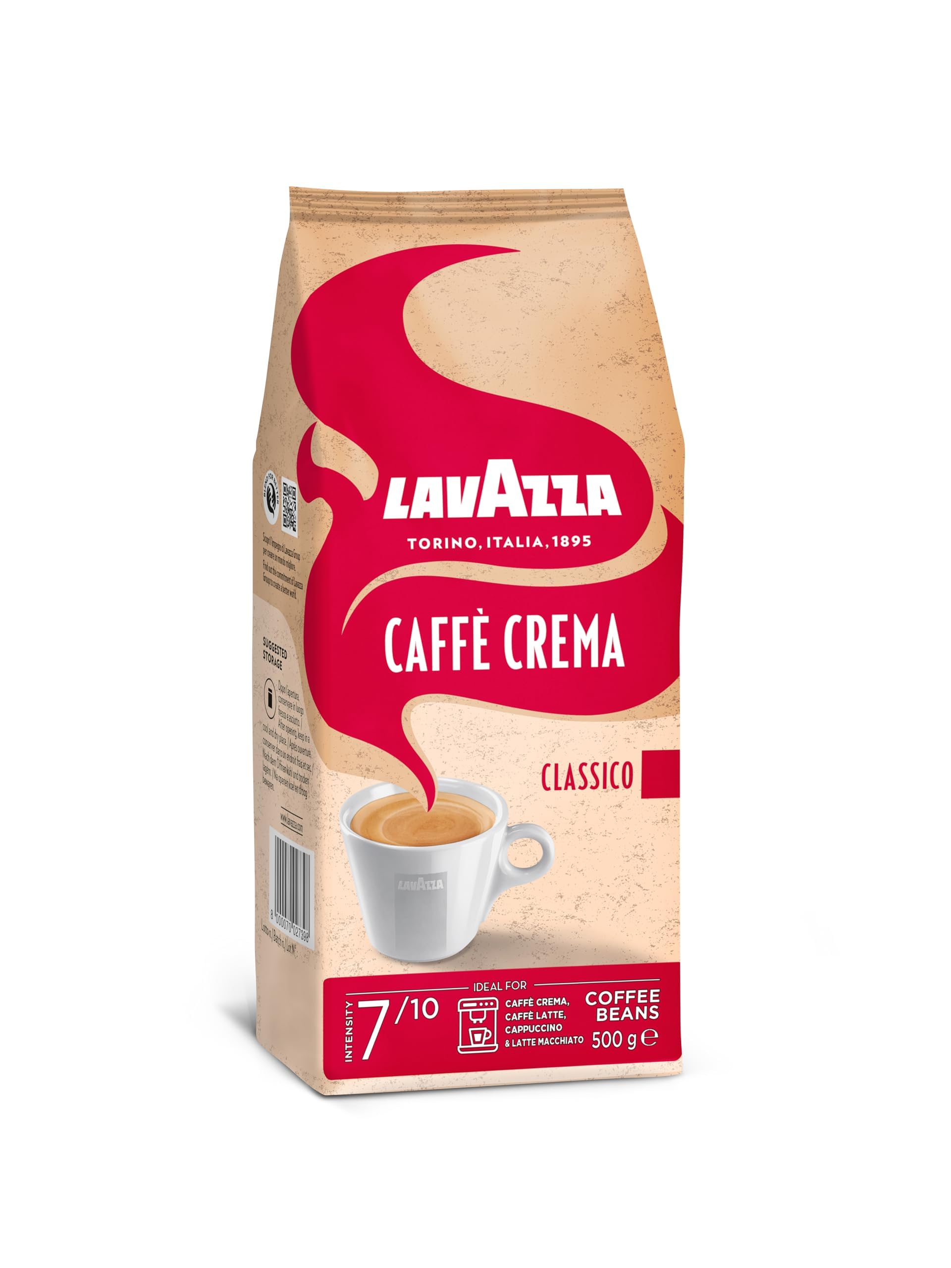 Lavazza, Caffè Crema Classico, Kaffeebohnen, aromatische Kaffeemischung mit Schokolade- und Holz-Aromen, Arabica und Robusta Kaffeebohnen, Intensität 7/10, Mittlere Röstung, 500g