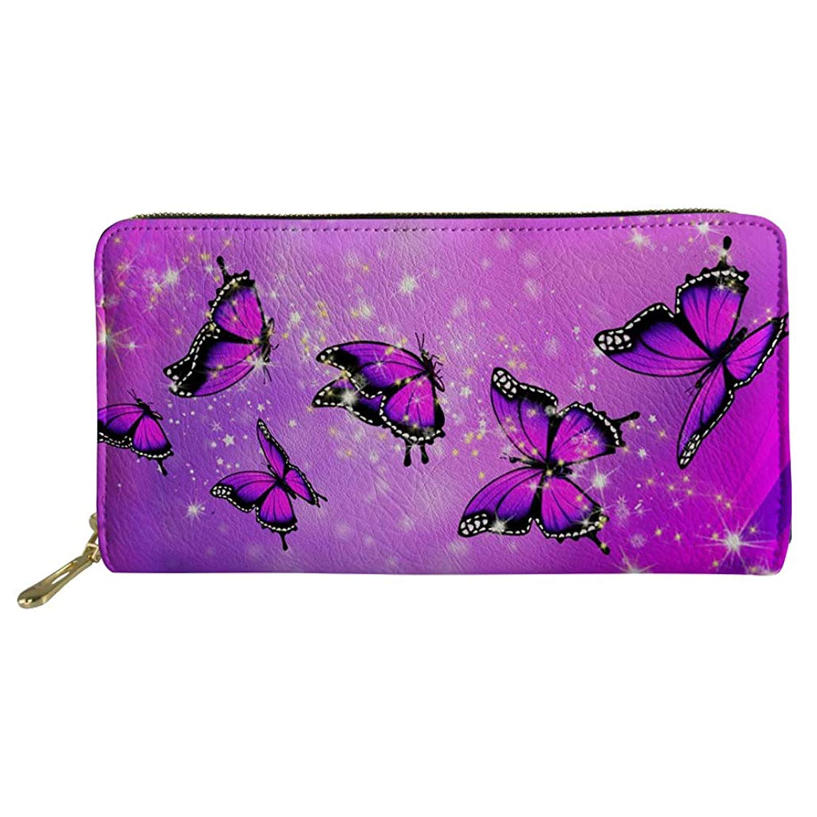 Pizding Leather Wallets for Women Lady Purple Butterfly Print Travel Business Shopping Money Clips Handbag Purse Zipper Clutch Bag