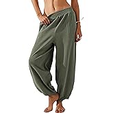Faleave Women's Baggy Wide Leg Pants Elastic Waisted Casual Comfy Palazzo Harem Pants with Pockets(Green-S), Small