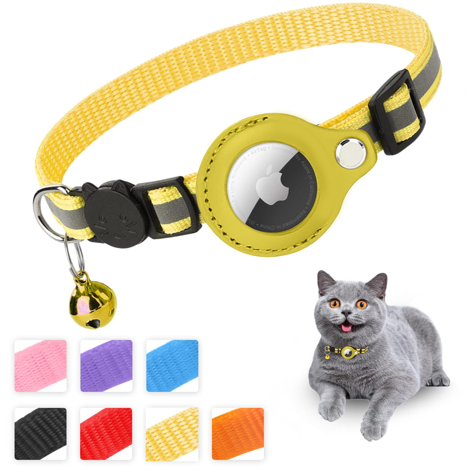 Mouyou Airtag Cat Collar, Airtag Collar Cat Soft Nylon Reflective with Bell and Safety Clasp, Tracking Cat Collar with Holder, Airtag Case, Adjustable from 22-38 cm, Yellow