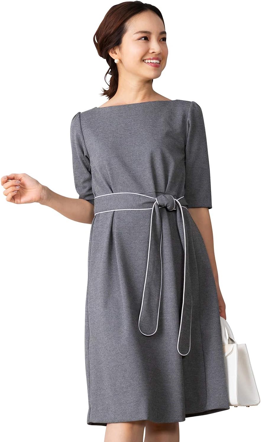 Sweet Mommy マタニティ 授乳服 タック ワンピース シルキーストレッチポンチ素材 ウエストリボンつき 卒園式 入園式 お宮参り 参観日 リッチネイビー M