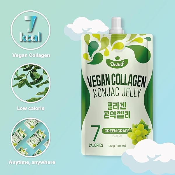 DELIEF VEGAN COLLAGEN KONJAC JELLY (GREEN GRAPE FLAVOR) 120G X 10 PACKS – LOW-CALORIE FRUIT GEL SNACK, GLUTEN-FREE, PLANT-BASED, 7 KCAL PER POUCH