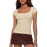 BTFBM Women Short Sleeve Tops Square Neck Ribbed Knit Basic Tee Shirt Y2K Casual Summer Clothes 2026 Spring Outfits