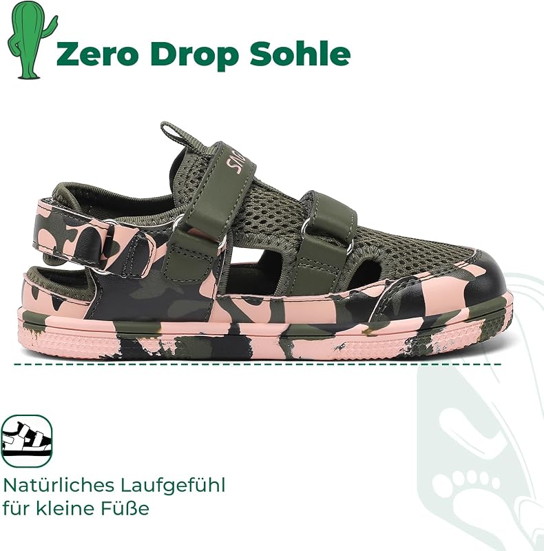 Sandalen Jungen Barfußsandalen Kinder Sommerschuhe Geschlossener Zehenkapper Wassersandalen Klettverschlusses Kindersandalen für Kindergarten Alltag Outdoor Armeegrün, 35
