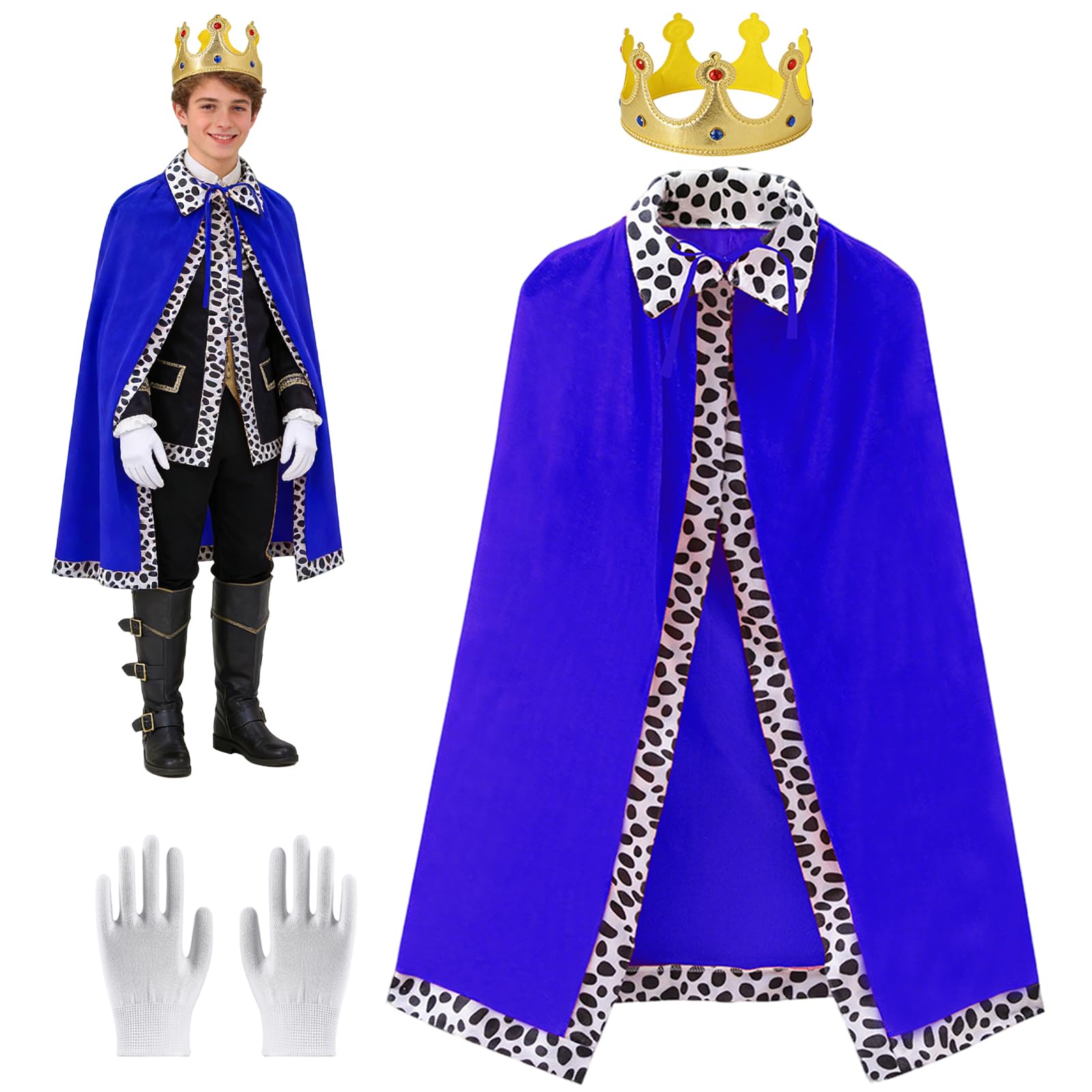 Atomvia 3pcs Adult King Costume Set Blue Royal Cape 120cm Crown White Gloves Halloween Fancy Dress Cosplay Carnival Theatre