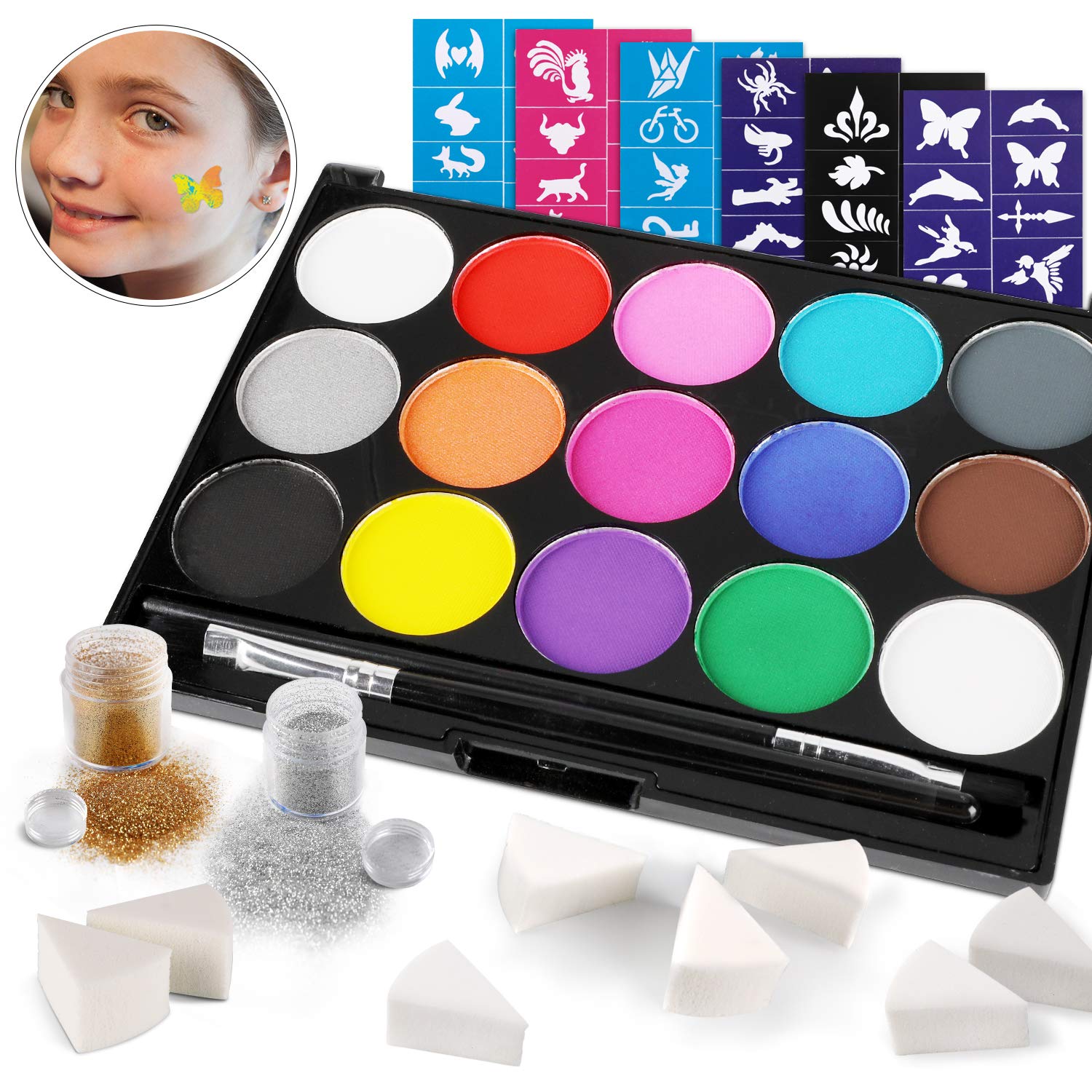 HOWAF Face Painting Kit, 15 Color Water Based Face Paint Palette, 60 Stencils, 2 Brushes, 8 Sponges, 2 Glitters, Face Paints Halloween Party Carnival Makeup Body Paint