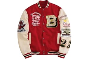GORGLITTER Men's Letter Graphic Varsity Jacket Long Sleeve Striped Trim Button Bomber Jackets