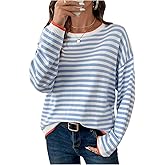BEAUDRM Women's Striped Sweaters Crew Neck Long Sleeve Knit Pullovers Fall Tops