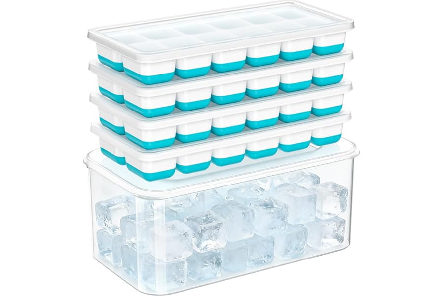 NFK Ice Cube Tray with Lid & Bin - 4 Pack 48 Cubes Stackable Silicone Trays for Freezer with Storage Container, Leak-Proof Li