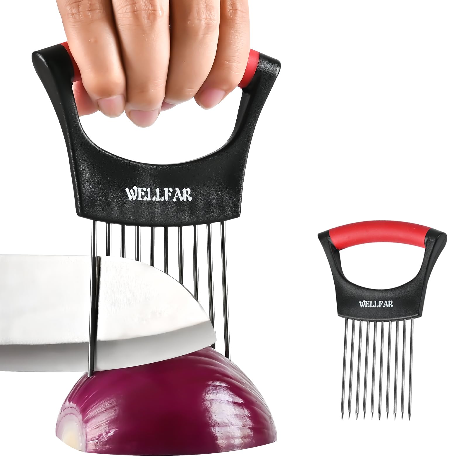 Photo 1 of ?2 PCS?Onion Slicer Holder - Onion Holder for Slicing, Vegetable Chopper & Cutter Tool for Potato, Lemon, Tomatoes, Stainless Steel Kitchen Gadget with Guide Rack, Meat Prep & Food Essentials.