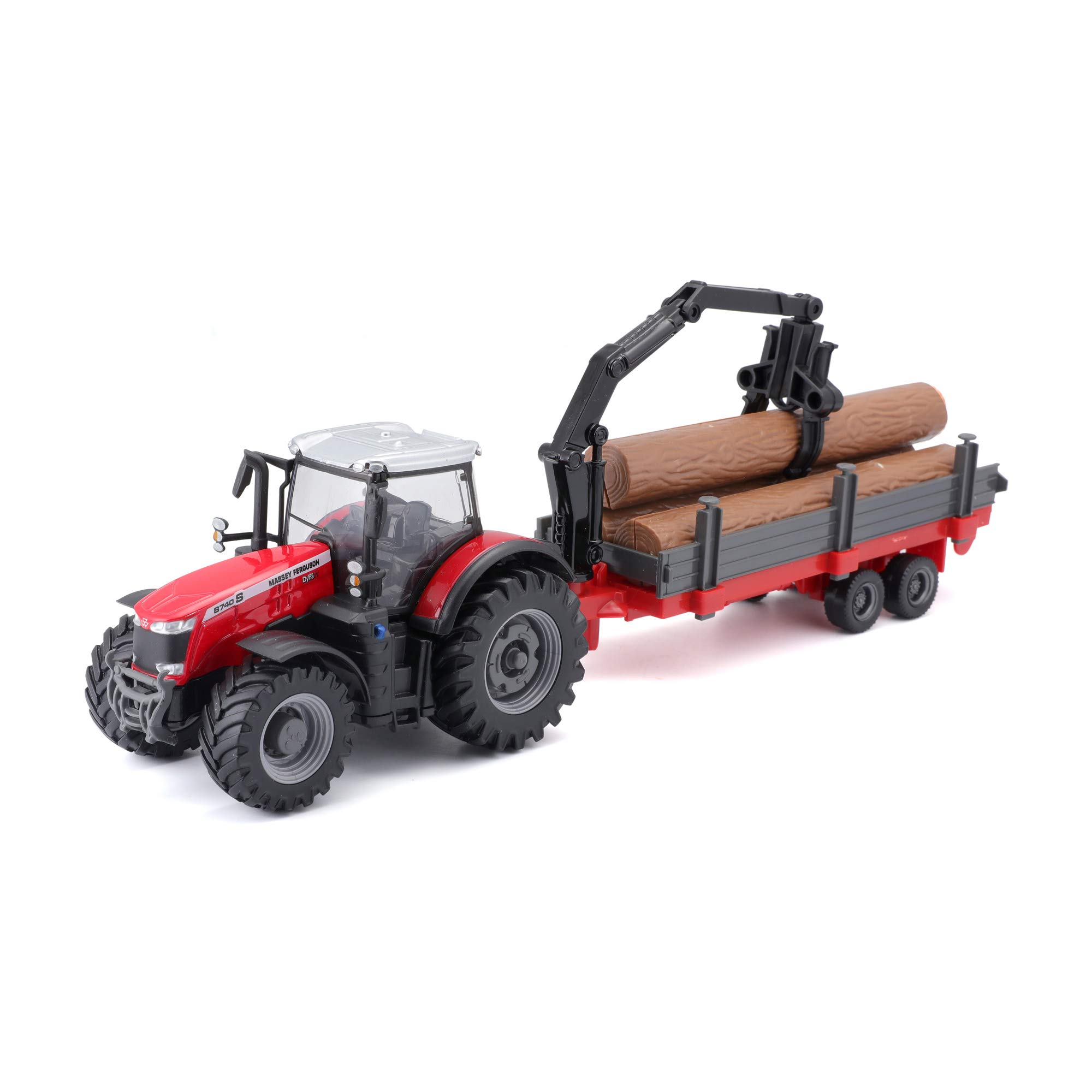 Bburago MASSEY FERGUSSON 8740S TRACTOR WITH LOG TRAILER – 10CM – Incredibly Detailed Die-Cast Replica Collectible Model Vehicle, Red