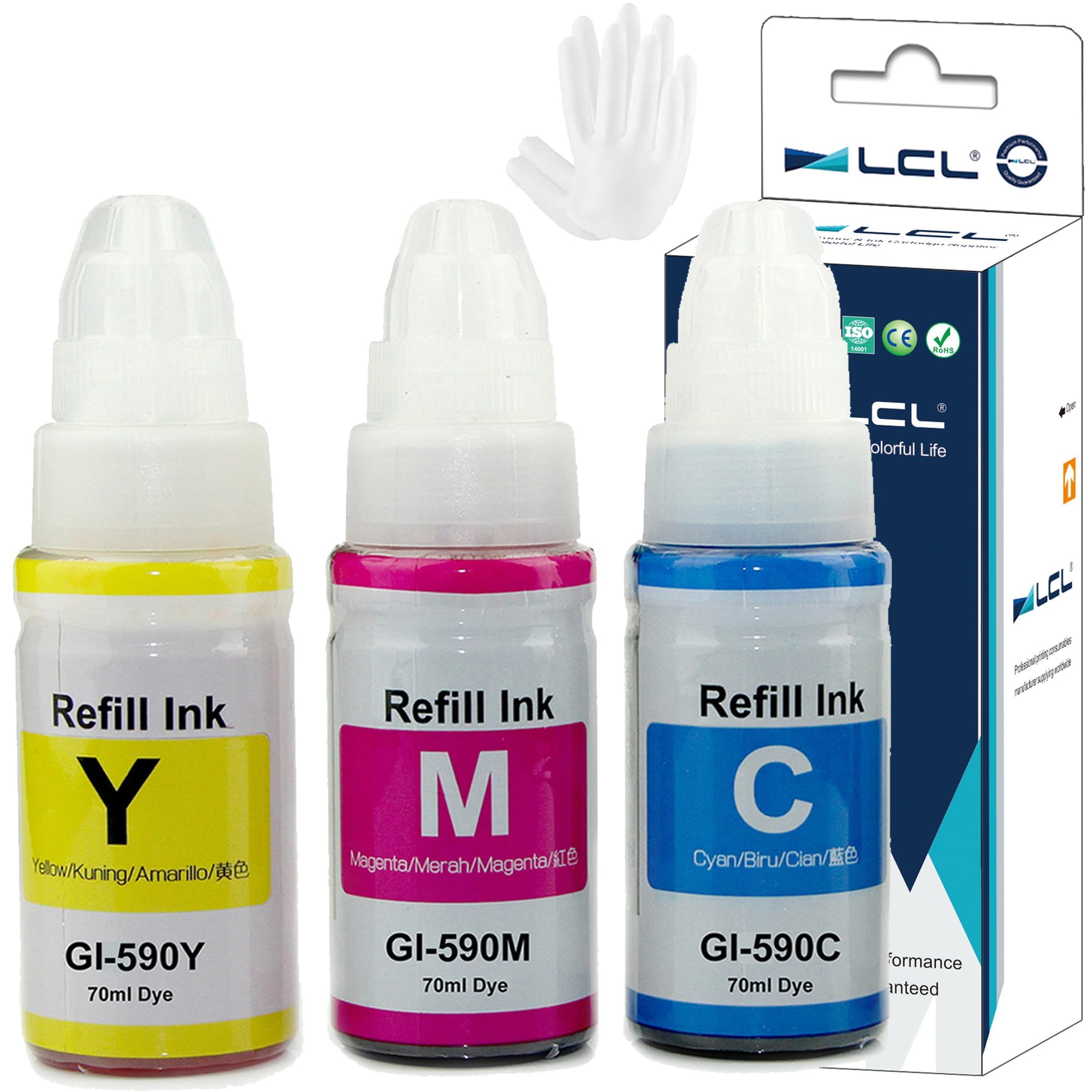 LCL Compatible Ink Bottle GI-490 GI-590 GI-590BK GI-590C GI-590M GI-590Y(3PK CMY Dye 70ML) Replacement for Canon Pixma G1400 G1410 G2400 G2410 G3400 G4400 G4411 G1500 G1510 G2500 G2510 G3500 G3510