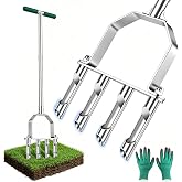 Stainless Steel Aerator Lawn Tool, Manual Core Aerator with 4 Hollow Tines | Heavy Duty Grass Aerator, Anti-Clogging Design, Adjustable Yard Aerator for Soil Plug Removal, Lawn Garden Care