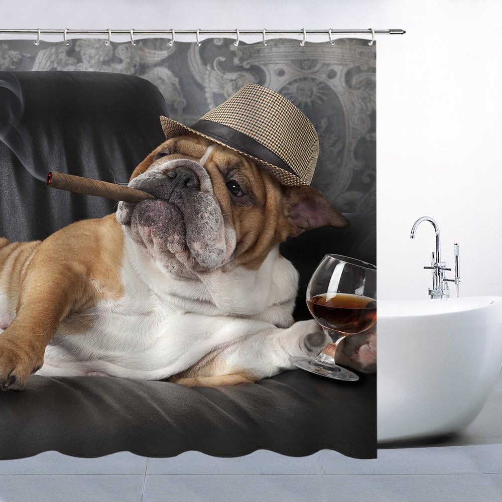 AMFD Funny Dog Shower Curtain Cute Pet Brown Bulldog with Cigar and Champagne Bathroom Curtains Polyester Fabric Waterproof 70 x 70 Inches Include Hooks Black