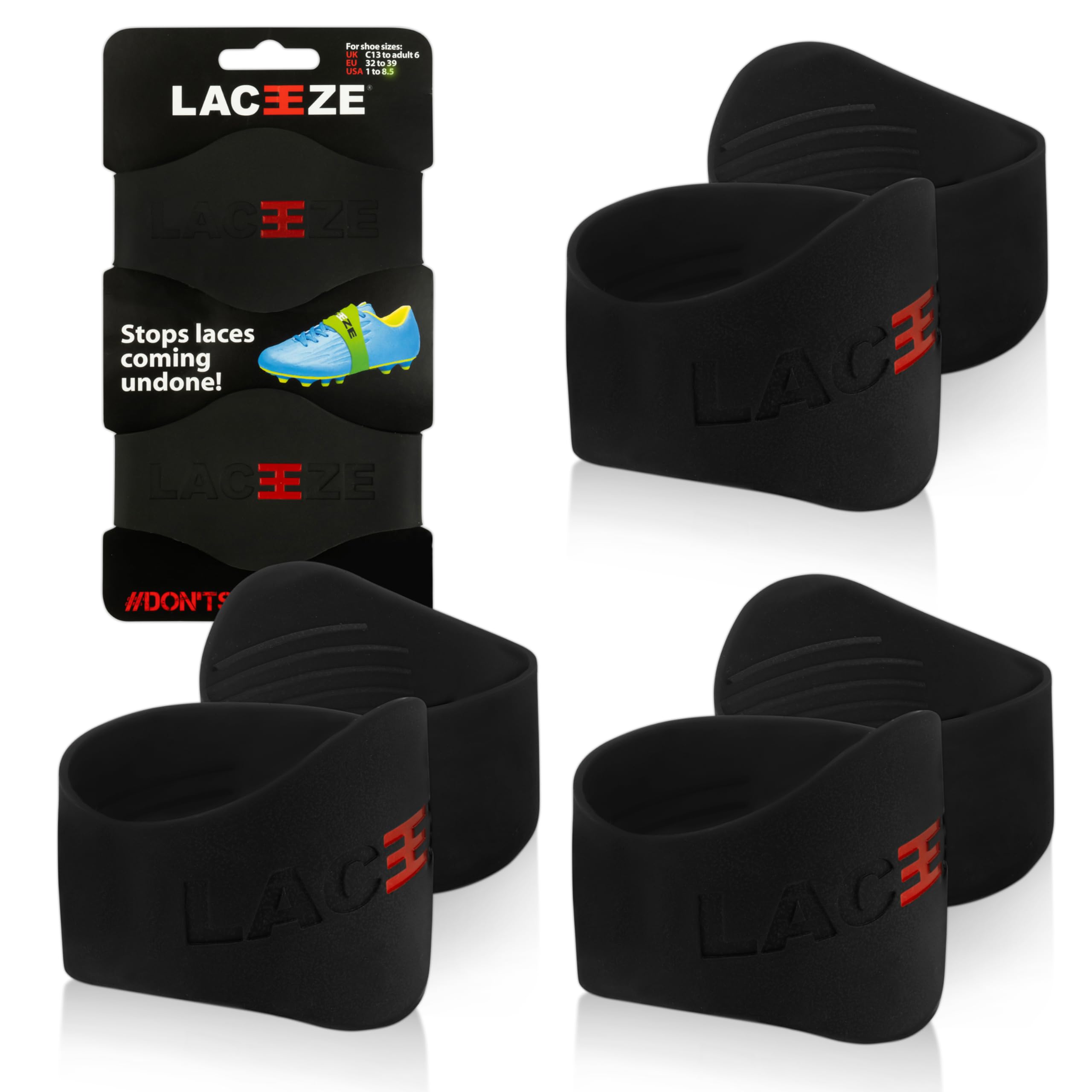 LACEEZE Original Bands – As Seen on Dragons' Den – Ribbed Technology – Secure Laces, Prevents Unraveling, Fits Shoe Size C13 – UK 6.5, Black, 3 Pack, Ideal for Sports Shoes, Football, Rugby, Hockey