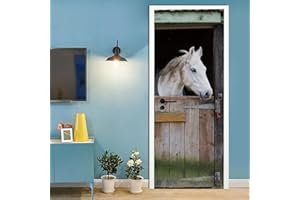 A.Monamour 3D Door Stickers for Interior Doors Horse in Stable Animal Theme Vinyl Removable Self Adhesive Door Poster Wallpap