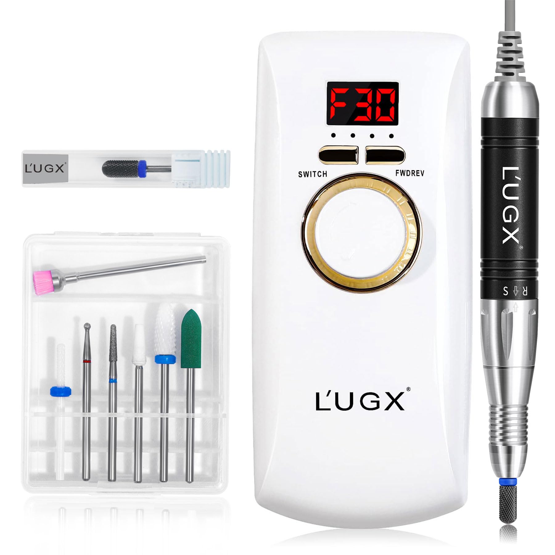 L'UGX Professional Rechargeable Nail Drill Machine With Coreless Motor, Portable Electric Nail File 30000 RPM Cordless for Acrylic Nails With 8 Bits for Manicure