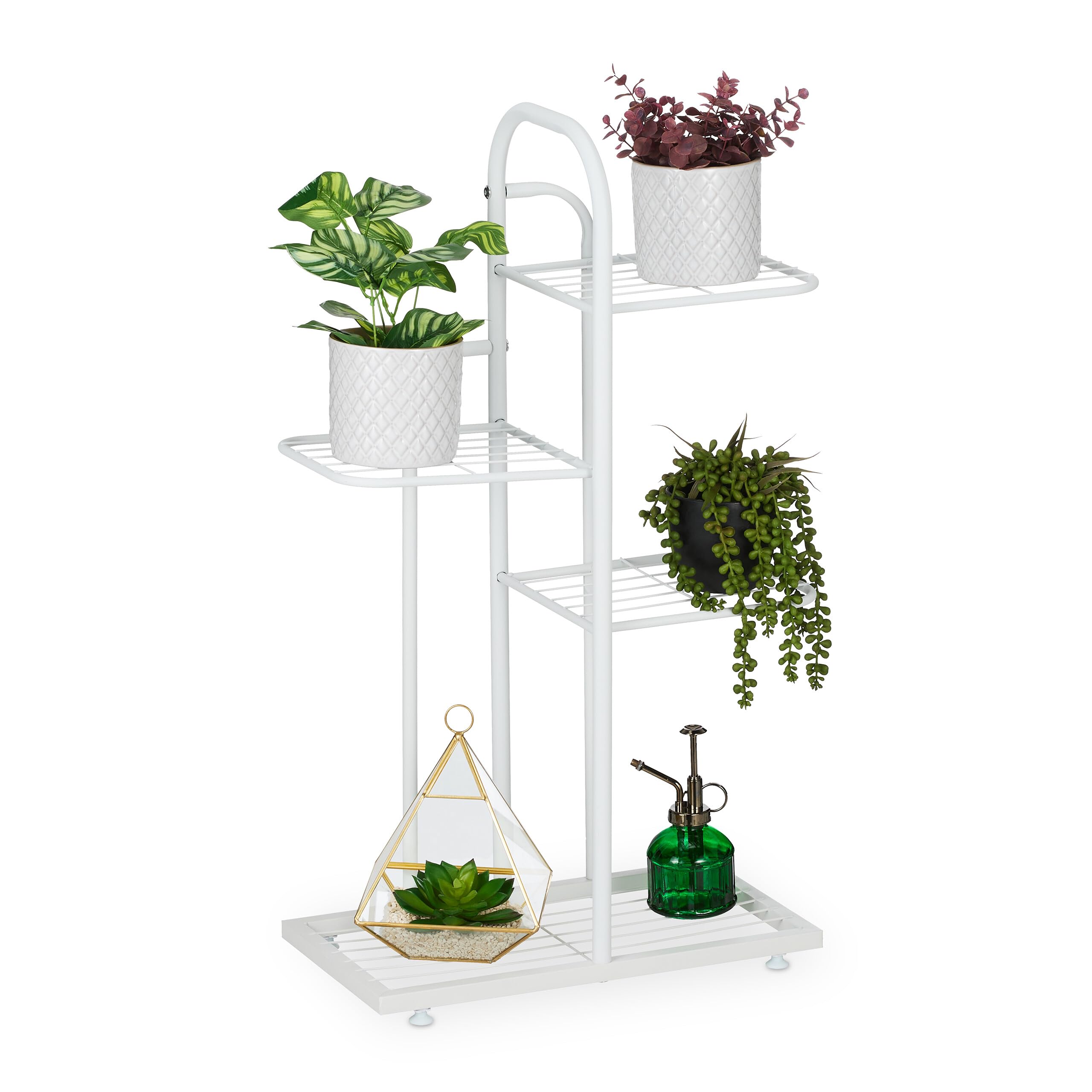 Relaxdays Plant Stand, 4 Levels, for Flower & Herb Pot, HxWxD: 72.5 x 44 x 22.5 cm, Steel, Indoor Decorative Rack, White