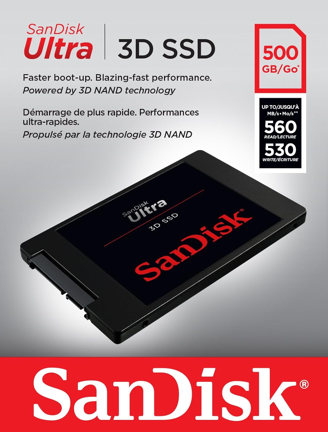 SanDisk Ultra 3D NAND 500GB Internal SSD - SATA III 6 Gb/s, 2.5 Inch /7 mm, Up to 560 MB/s - SDSSDH3-500G-G25