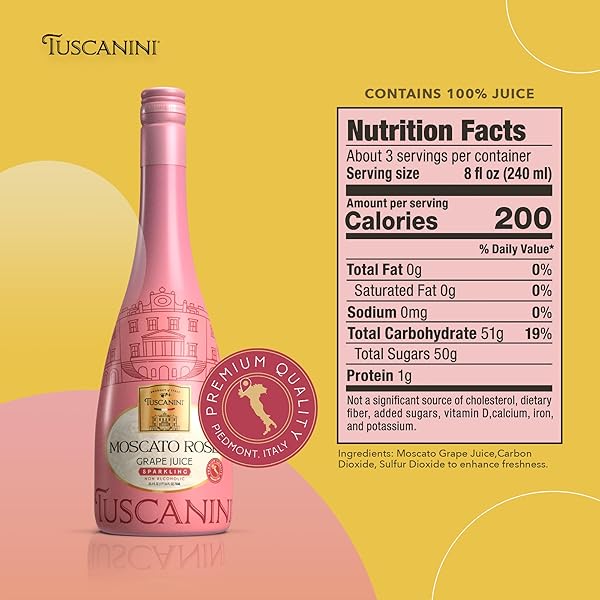 TUSCANINI ITALIAN MOSCATO ROSE SPARKLING GRAPE JUICE, 25.3OZ (2 PACK) | NON ALCOHOLIC SPARKLING JUICE | VALENTINES DAY GIFT | ELEGANT CHAMPAGNE BOTTLE | IMPORTED FROM ITALY | GREAT FOR MOCKTAILS | KOSHER