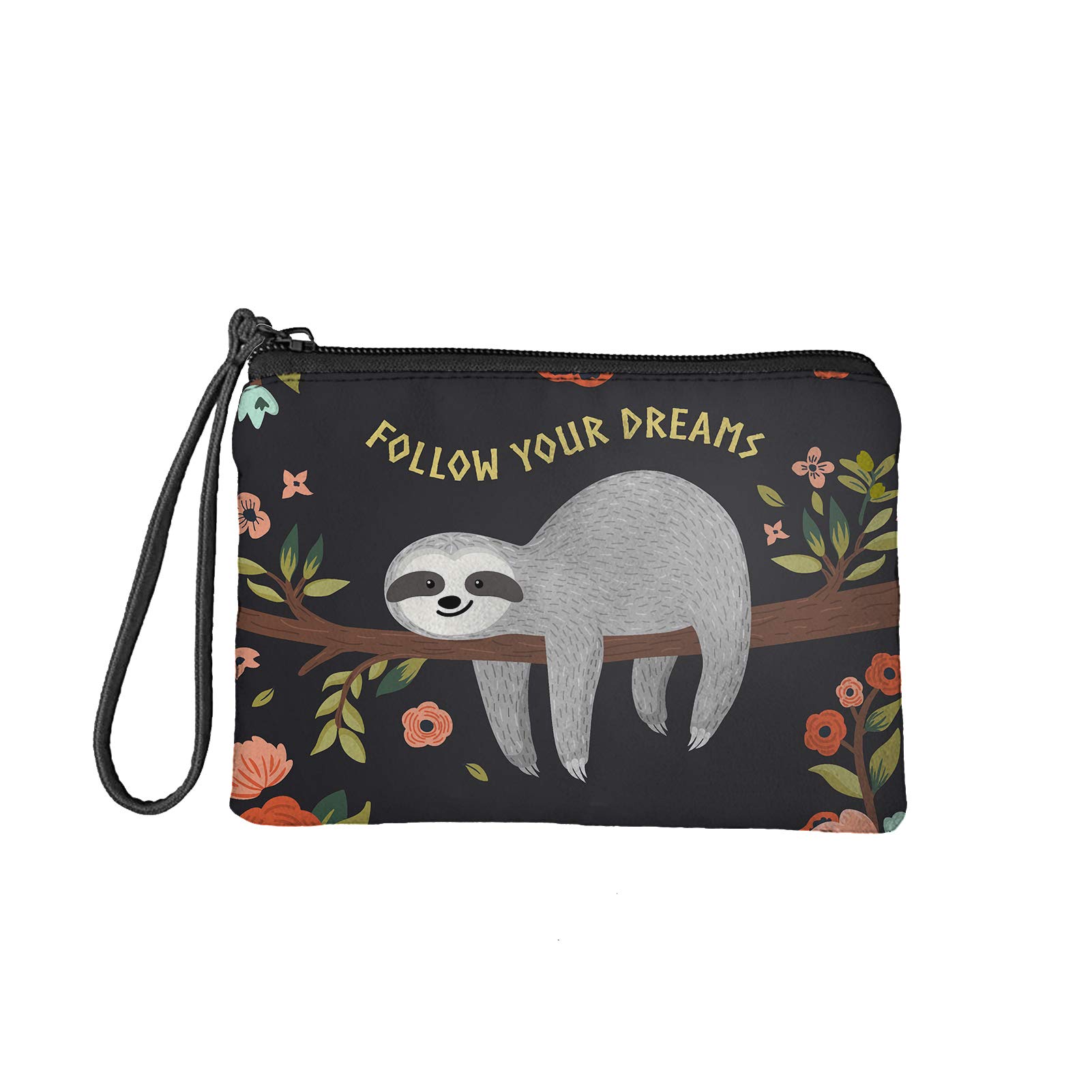 Pizding Women Travel Cosmetic Organizer Makeup Pouch Portable Case Sloth Print Change Purse Wallets Small Coin Purse -Follow Your Dreams