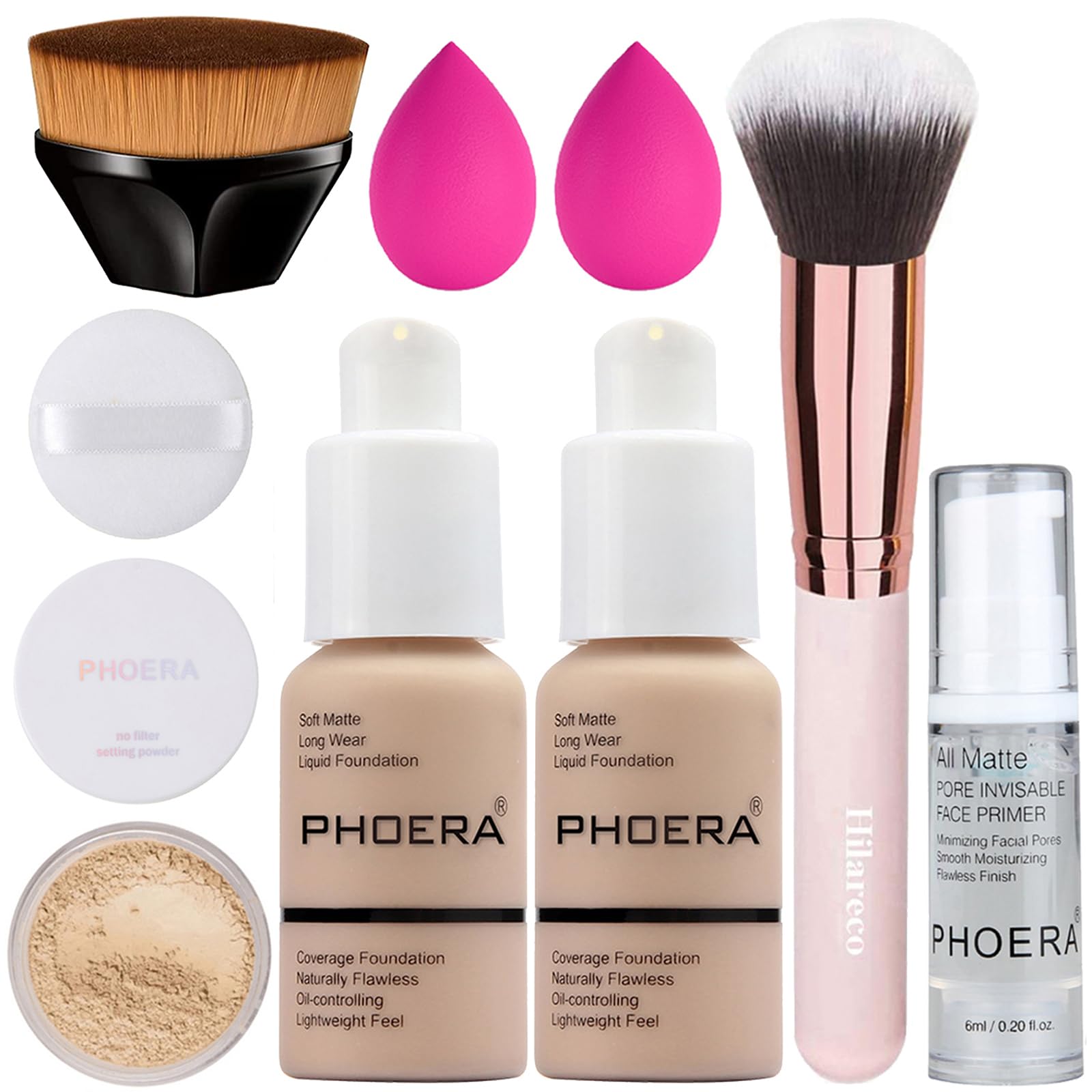 PHOERA Makeup Set - Full Coverage Foundation, Kabuki Brushes, Powder, Primer & 2 Pcs Nude Makeup Sponge — image 1