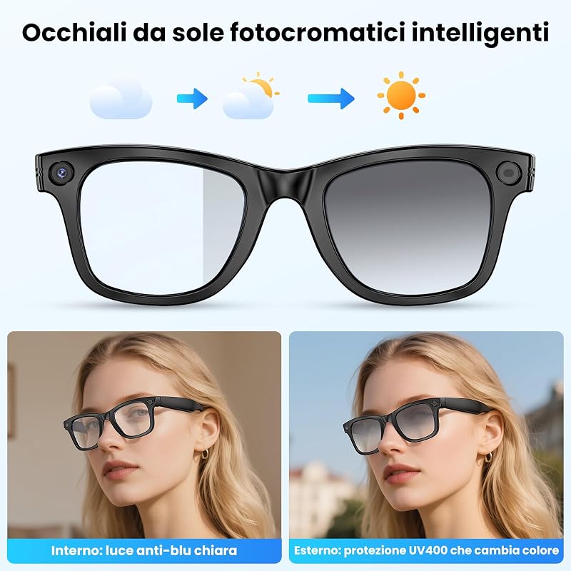 Occhiali con Telecamera 8MP, Smart Glasses Ai con Chiamate Bluetooth & WIFI, Occhiali Intelligenti con Traduzione AI in Tempo Reale/Riconoscimento di Oggetti, Lenti Fotocromatiche + Lenti Blu