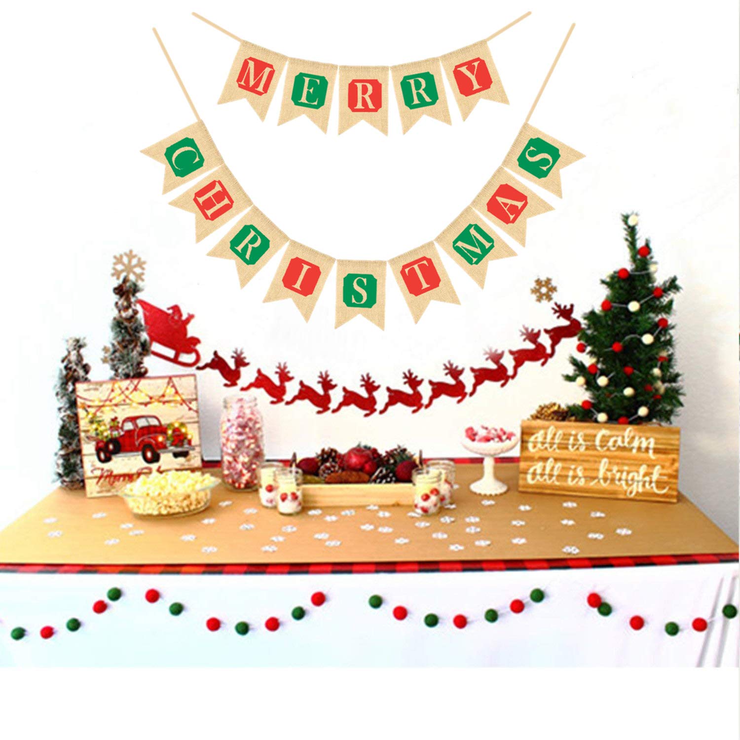 Merry Christmas Burlap Banners Garlands for Fireplace Christmas Tree for Xmas Decoration Party Indoor Outdoor Family Photo Props