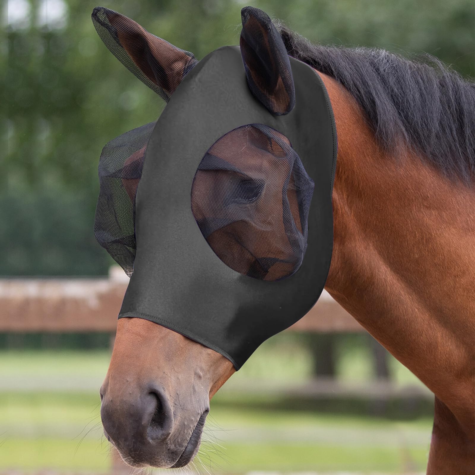 Adiwo Horse Fly Mask with Ears, Super Comfort Fly Masks for Horses - Full-Size, Breathable & Elastic Lycra, UV & Insect Protection, Large with Web Trim Eye Protection (Black)