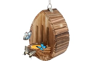 Bee House Butterfly Habitat Garden with Feede,r Wood Bee Habitat with Rope, Decorative Hanging House, Multifunctional Moth Fe