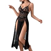 Avidlove Long Babydoll Lingerie for Women Side Split Mesh Nightgown | G-string included, floral lace cups, adjustable straps, flowy hem, flattering lounge dress, romantic sleepwear