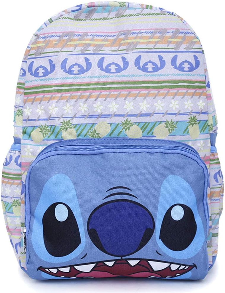 Disney Lilo and Stitch Large Backpack White Aloha Hawaiian Blue Stitch Face Bag