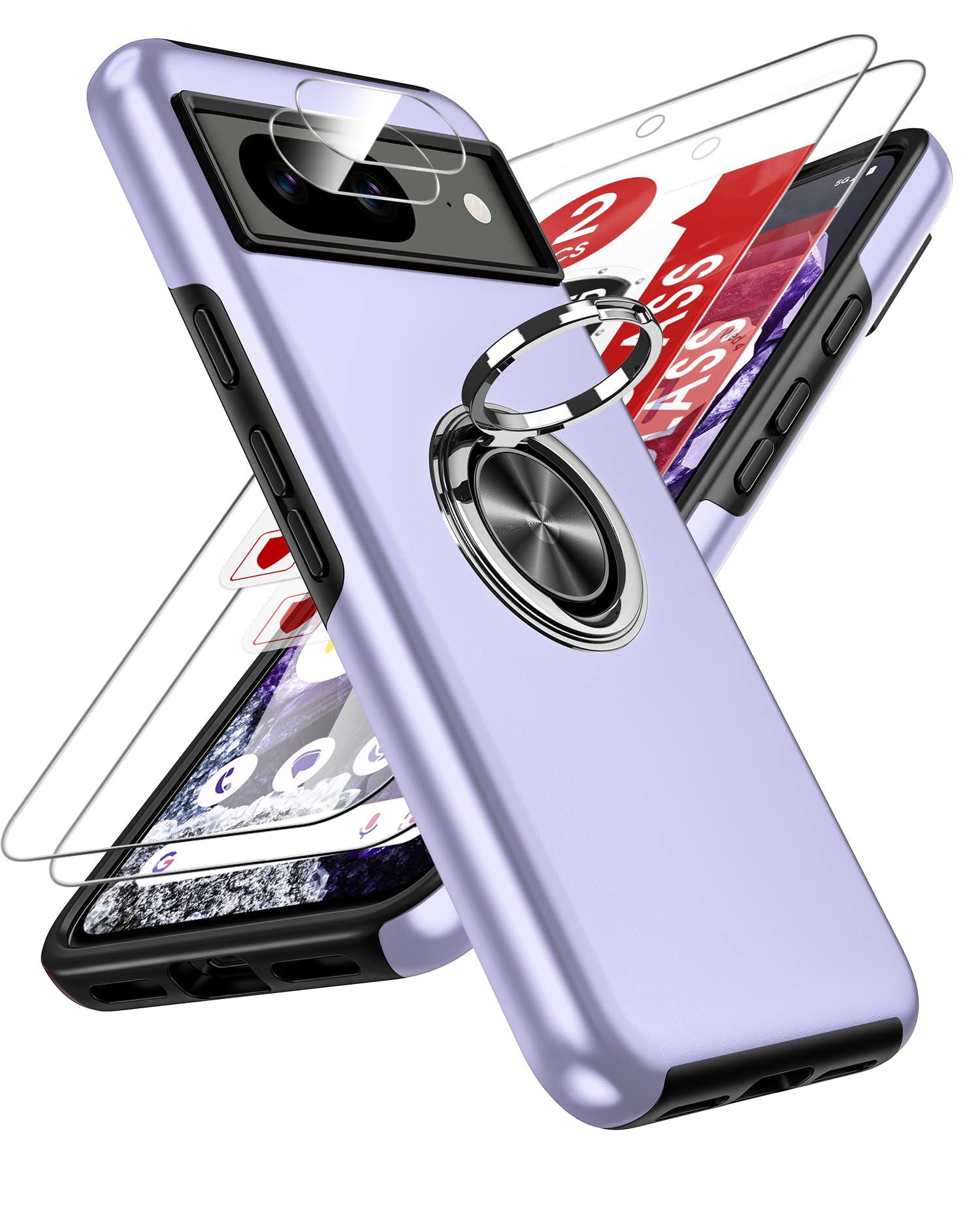 LeYi for Google Pixel 8 Case: and 2 Tempered Glass Screen Protector &2 Camera Lens Protector, with 360 Ring Holder Stand Magnetic Shockproof Heavy Duty Protective Phone Cover for Google Pixel 8 Purple — image 1